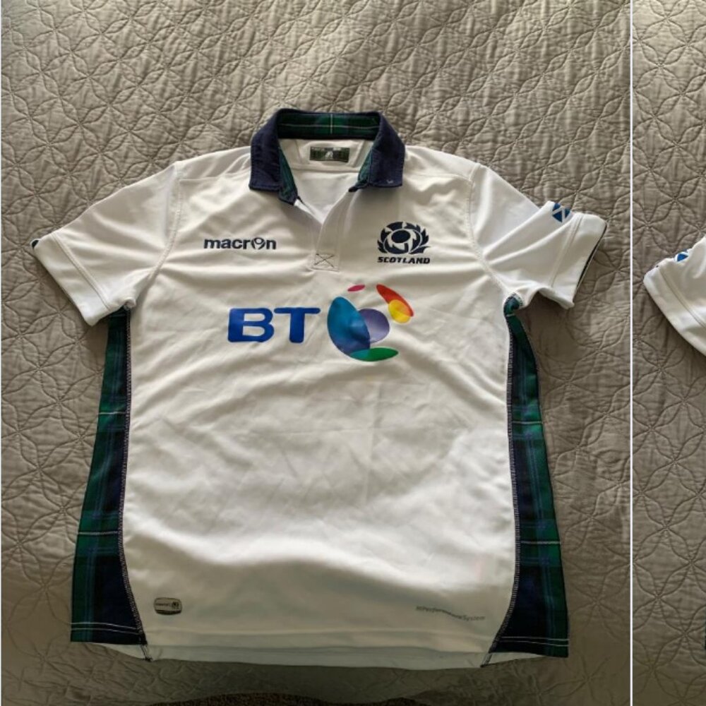 Macron Scotland BT Mobile Men Jersey Top White Collar button Neck SIZE L LARGE